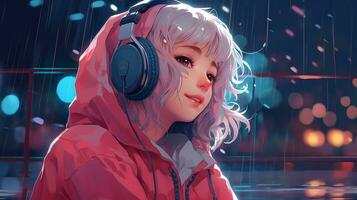 Cartoon lofi young manga style girl while listening to music in the rain AI generative photo
