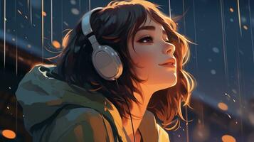 Cartoon lofi young manga style girl while listening to music in the rain AI generative photo