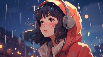 Cartoon lofi young manga style girl while listening to music in the rain AI generative photo