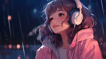 dibujos animados lofi joven manga estilo niña mientras escuchando a música en el lluvia ai generativo foto