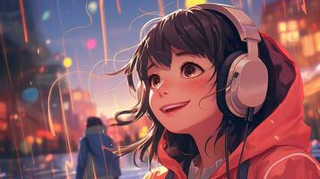 Cartoon lofi young manga style girl while listening to music in the rain AI generative photo