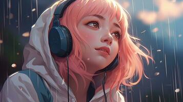 Cartoon lofi young manga style girl while listening to music in the rain AI generative photo