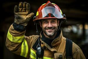 fire fighter showing OK approve or like signal with thumb raise up, generative Ai photo