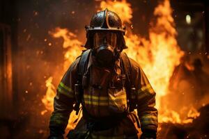 bombero utilizando agua y extintor a luchando con fuego fuego en un emergencia, generativo ai foto