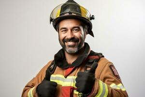 fire fighter showing OK approve or like signal with thumb raise up, generative Ai photo