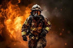 bombero utilizando agua y extintor a luchando con fuego fuego en un emergencia, generativo ai foto