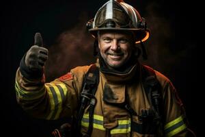 fire fighter showing OK approve or like signal with thumb raise up, generative Ai photo