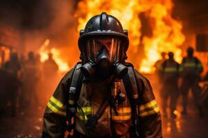 bombero utilizando agua y extintor a luchando con fuego fuego en un emergencia, generativo ai foto