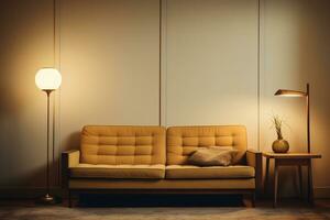 un retro inspirado vivo habitación vitrinas un clásico minimalista diseño ai generativo foto