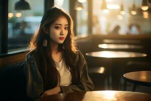Beautiful asian girl sitting inside a cozy cafe AI generative photo