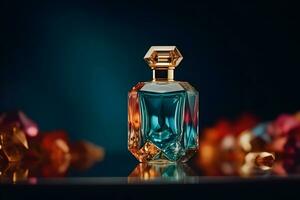 Beautiful stylish perfume bottle on a dark background. Neural network AI generated photo