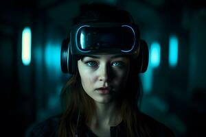 Girl with virtual reality glasses. Neural network AI generated photo