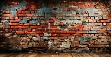 Panoramic texture, old ruined red brick wall - AI generated image photo