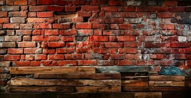 Panoramic texture, old ruined red brick wall - AI generated image photo