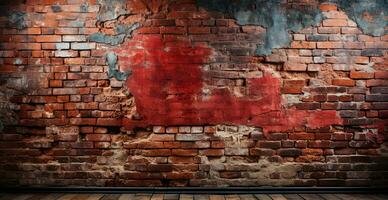 Panoramic texture, old ruined red brick wall - AI generated image photo