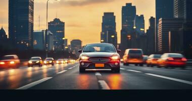 City sunset panorama with retro cars and blurred car headlights and street lights with skyscrapers. Generative AI photo