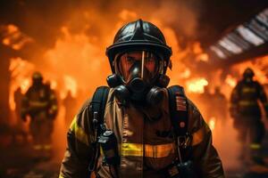 firefighter using water and extinguisher to fighting with fire flame in an emergency, Generative AI photo