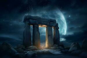 stone henge mock building against the backdrop of night and space. Neural network AI generated photo