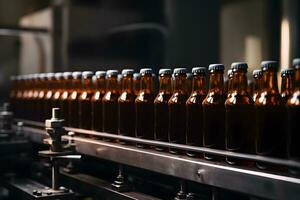 Beer bottles on the conveyor belt. Neural network AI generated photo