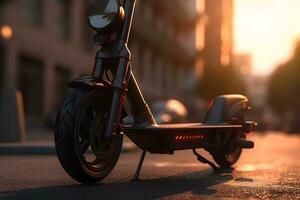 Electric scooter on the street, sunset time. Neural network AI generated photo
