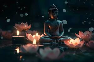 Meditation Buddha statue with candles and lotus. Neural network AI generated photo