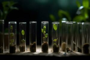 Green fresh plant in glass test tube in laboratory. Neural network AI generated photo