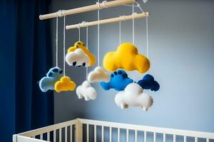 crib toy baby mobile with plush animals. Neural network AI generated photo