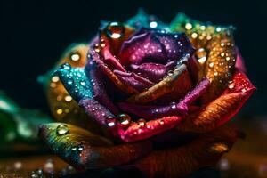 Rainbow rose with dew drops. Neural network AI generated photo