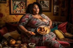 Dark skinned plus size girl and a lot of food. Neural network AI generated photo