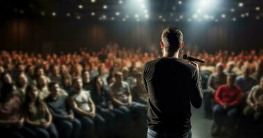 Rousing the Masses - Motivational speaker with microphone performing on stage, in background people sitting in hall. Generative AI photo