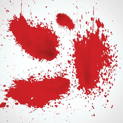 Dirty collection of paint splatter imitating blood, cut marks, splashes, drops, blots, spray, bloody hand and dirty fingerprints. Isolated set blood ink with splashes and drops. Red grunge set