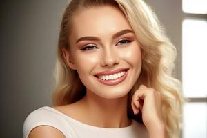 Portrait beautiful model woman with white teeth smile, Concept of advertising dentist and facial care. Generative AI photo