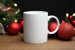 a white mug mock-up with Christmas background Generative AI photo