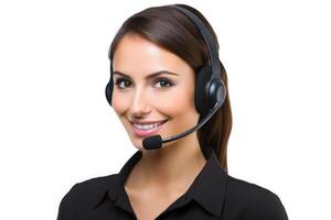 Portrait of a woman working in customer service at a call center, white backgroud . Generative AI. photo