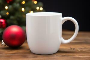 a white mug mock-up with Christmas background Generative AI photo