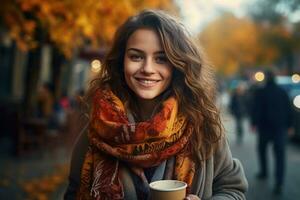 Happy young woman hold a cup of coffee in a city street. AI generative photo