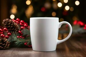 a white mug mock-up with Christmas background Generative AI photo