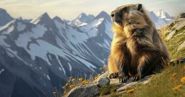 The Wild Marmot in Its Highland Realm. Generative AI photo