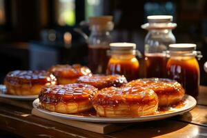 photos of tarts in indoor kitchen table photo studio AI Generated