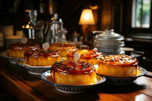 photos of tarts in indoor kitchen table photo studio AI Generated