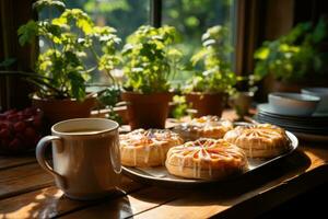 photos of tarts in indoor kitchen table photo studio AI Generated