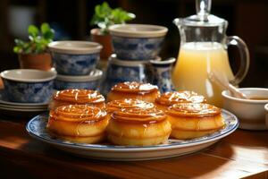 photos of tarts in indoor kitchen table photo studio AI Generated