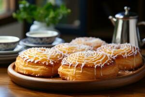 photos of tarts in indoor kitchen table photo studio AI Generated