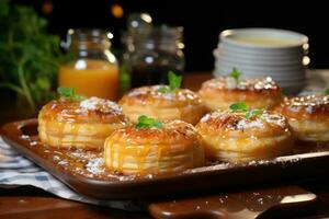 photos of tarts in indoor kitchen table photo studio AI Generated