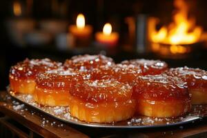 photos of tarts in indoor kitchen table photo studio AI Generated