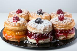 photos of tarts in indoor kitchen table photo studio AI Generated