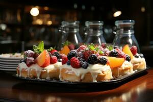 photos of tarts in indoor kitchen table photo studio AI Generated