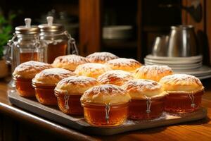 photos of tarts in indoor kitchen table photo studio AI Generated