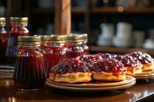 photos of tarts in indoor kitchen table photo studio AI Generated