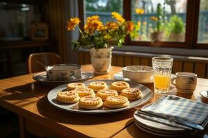 photos of tarts in indoor kitchen table photo studio AI Generated